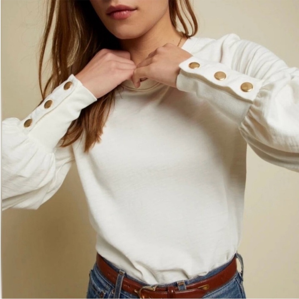 Anthropologie Nation Ltd Cream Long Sleeve Tee with Gold Snaps - Picture 2 of 4